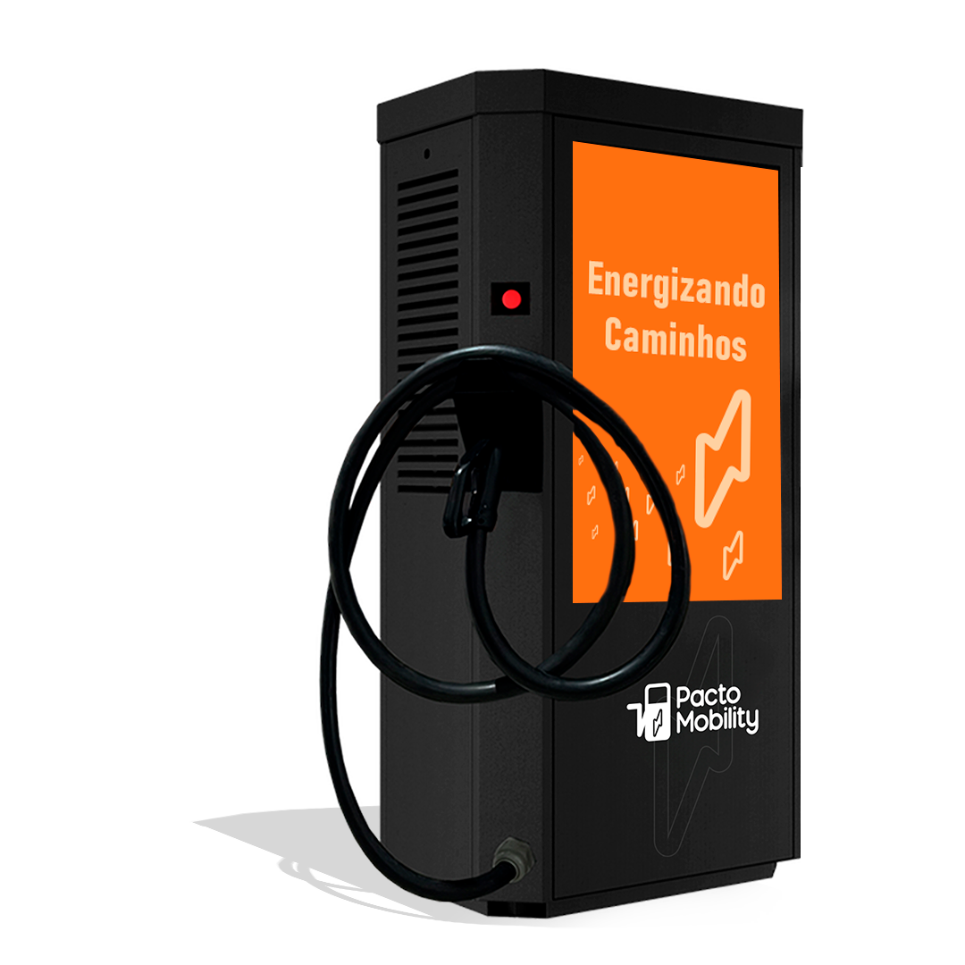 Estação de recarga DC Pacto Mobility com painel de TV vertical laranja e cabo CCS2